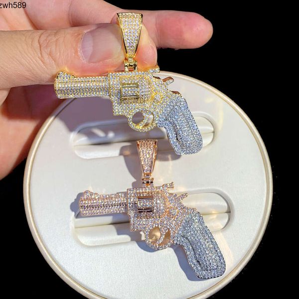 Glacé Bling Hip Hop Cz Revolver Gun Pendentif Collier Plaqué Or Zircone Cubique Pistolet Charme Colliers Hommes Bijoux De Mode