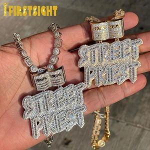Glacé Bling lettres rue prêtre pendentif collier couleur argent Rectangle CZ Zircon Badge charme hommes Hip Hop bijoux 240311