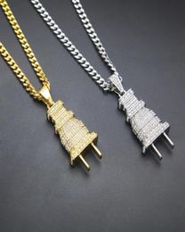 Iced Out Bling Mannen Micro Pave Vol Strass Plug Hanger Ketting Goud Verzilverd Charm Cubaanse Ketting Hip Hop Sieraden261g8279925