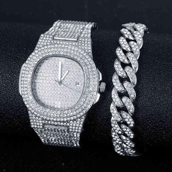 Iced Out Bling Hommes Montre Avec Bracelet De Luxe Rhintone Quartz Montre Homme Montre Femme Relogio Masculino