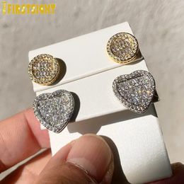 Iced Out Bling Micro Pave CZ 5A Kubieke Zircoina Ronde Hartvormige Schroef Terug Oorbel Voor Vrouwen Mannen Hip Hop sieraden 240318