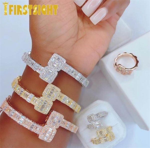 Iced Out Bling Open Square Zircon Charm Bracelet Gold Silver Color Baguette AAA CZ Bangle pour hommes Femmes Hiphop Jewelry 2202152083462