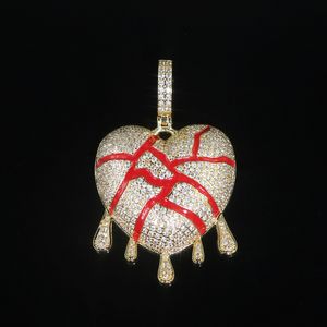 Iced out blood Corazón Roto Collar Colgante Charms Cadena para Hombres Real Gold Plated Hip Hop Jewelry