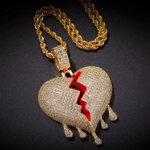 Collar con colgante de corazón roto helado para hombre y mujer, joyería de Hip Hop, collares de gota de agua dorados y plateados 157d