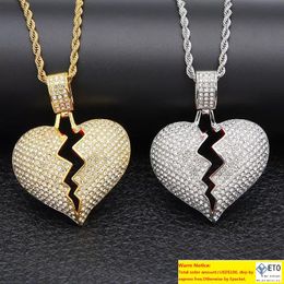 Iced out Broken Love Coeur Pendentif Colliers Hommes Bling Cristal Strass Amour Charme Or Argent Chaîne Torsadée Pour Femmes Hip Hop Bijoux