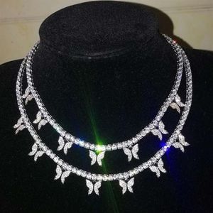 Iced Out Schmetterling Anhänger Halskette für Männer Frauen Hip Hop Luxus Designer Diamant Anhänger Ketten Halskette Silber 4mm Tennis Chain154E