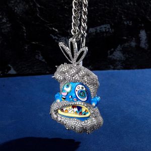 Pendentifs visage bleu de dessin animé glacé, avec chaîne, collier pour hommes, bijoux Hip Hop, couleur Orange