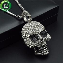 Cadenas heladas Colgante Collar de diseñador Joyería de Hip Hop Hombres Diamante Esqueleto Cráneo Colgantes Titanio Acero inoxidable Bling Rhine262u