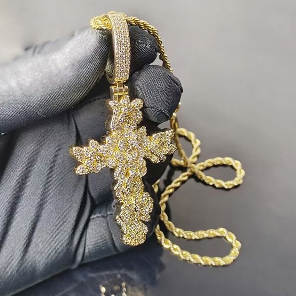 Glacé croix fleur colliers pendentif couleur or plaqué Bling cubique Zircon entièrement pavé femmes hommes Hip Hop bijoux