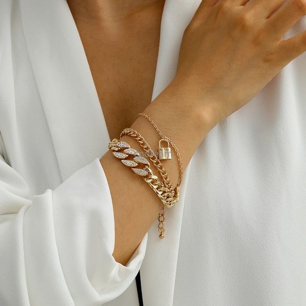 Bracelet chaîne cubaine glacé, breloque cadenas, bracelets empilables multicouches pour femmes, bijoux à la mode, volonté et sable