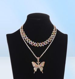 Iced Out Cuban Link Butterfly Set Ice Choker Necklace Women Blinged Chain Chocker Hip Hop Pendant Jewelry6075464