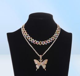 Iced Out Cuban Link Butterfly Set Ice Choker Necklace Women Blinged Chain Chocker Hip Hop Pendant Jewelry5053608