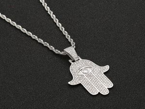 Iced Out Cumbic Zirconia Bling Iced Out Evil Eye Fatima Hand Hand Amulet Pendant Collier Hip Hop Silver Gold As Gifts6632890