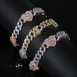 Bracelet à breloques en forme de cœur en zircone cubique glacée, chaîne cubaine couleur or argent pour femmes et hommes, bijoux de mariage Hip Hop à la mode