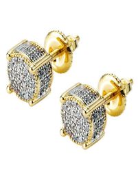 Boucles d'oreilles à tige rondes en oxyde de zirconium bicolore micropave cubiste plaqué or 18 carats pour hommes et femmes hypoallergéniques6398382