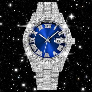 Iced Out Cubic Zirconia horloges Blue Face Hip Hop Fashion Hoge kwaliteit AAA Diamond Bracelet Roestvrij staal Quartz Watch voor mannen 3160
