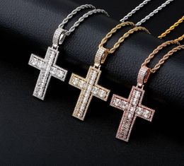 Iced Out CZ Bling Baguette Style Cross Pendante Collier Micro Pave Cumbic Zirconia Gold Silver Rose Gold Collier 3800 Q29817519