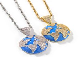 Iced Out Cz Bling Blue Earth Pendant Collier Mens Micro Pave Cumbic Zirconia Simulate Diamonds Collier3533531