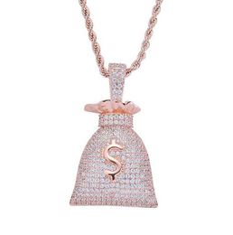 Iced Cz Bling Dollar Sign Money Bag Pendant ketting Heren Micro Pave Cubic Zirconia Goud Zilver Rose Gold Necklace7576528