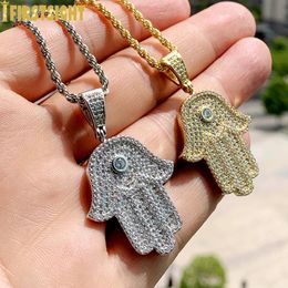 Iced Out CZ Hamsa Hand Pendant Collier Bling Cubic Zirconia Eyes of the Angel of Fatima charme Hip Hop Women Bijoux 240429
