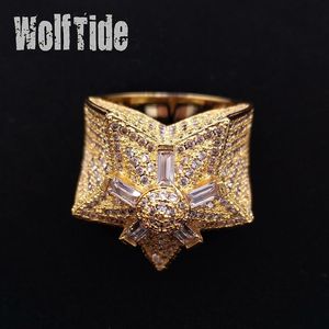 Iced Out CZ Hip Hop Pentagram Star Mens Ring Band Nieuwe gepersonaliseerde Top Kwaliteit Cubic Zirconia Gold Full Diamond Street Rapper Fing220o