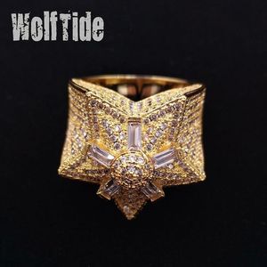 Iced Out CZ Hip Hop Pentagram Star Mens Ring Band Nouveau personnalisé Top Qualité Zircon Cubique Or Plein Diamant Street Rapper Fing308z