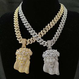 Collier avec pendentif tête de jésus glacé, plaqué or et argent, avec chaîne à maillons cubains en diamant de 13mm, E0K3