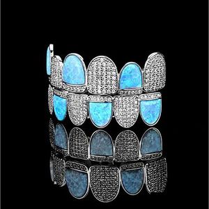 Iced Out Cz Lab Diamond Aquamarine Zircon Grillz Dents Shark Vampire Plaqué Or 14 Carats 6 Fangtop Et Bottom Grills Pour Hommes Hip Hop Rappeur Cosp