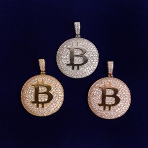 Iced Out CZ Rond Bitcoin Lettre B Colliers Pendentifs Hommes Hip Hop Bijoux Or Argent Couleur Pour Cadeau