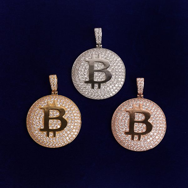 Iced Out CZ redondo Bitcoin letra B collares colgantes joyería de Hip Hop para hombres Color oro plata para regalo