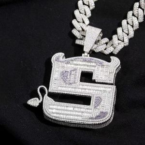 Iced Out Demon Letter S Colgante Collar Baguette Zircon Hombres Hip Hop Jewlery Big Silver Color