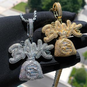 Iced Out Dollar Money Ban Bank Letter Collier pendentif avec chaîne de corde Hip Hop Femmes Men Full Pavé 5A Cubic Zirconia Daily Gift Bijoux