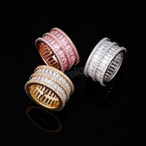 Glacé Double rangée Zircon Hip Hop hommes femmes bague en diamant véritable plaqué or bague à la mode Bling Bling bijoux