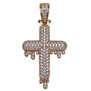 Collier pendentif croix goutte glacée pour hommes, Micro pavé de Zircon, laiton plaqué or argent, bijoux Hip Hop 280d