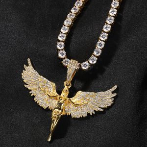 Iced Out Full zircon engel vleugels hanger ketting 18k goud verguld met roestvrijstalen touwketen