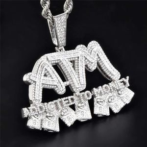 Collier avec pendentif en Zircon pour hommes, entièrement glacé, ATM accro à l'argent, plaqué or et argent, bijoux Hip Hop, cadeau 196H