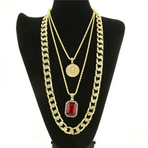 Iced Out Gold Plated Miami Cuban Link Red Ruby Chain Combo 3 Collar Set Hombres Moda Hip Hop Diamante simulado Punk Necklace305r