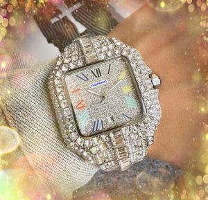 Iced Out Hip Hop Full Diamonds Dial Ring Watches Luxe Mode Men Square Face Roman Tank Clock Cool Quartz Batterij Core President Bracelet Polship Montre de Luxe