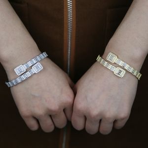 Iced Out Hip Hop Bracelet Ouvert avec Zircon Cubique Carré Pavé Styles Punk Taille Réglable Or Argent Plaqué Poignet Bracelet Bracelets Bijoux