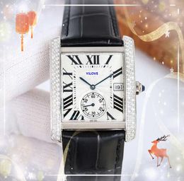 Iced Out Hip Hop Square Roman Tank Roman Dial Men Watch Luxury Président de luxe Two Line Diamonds Ring Clock Briny Starry Japan Quartz Movement Cow Cow Leather Watches Cadeaux