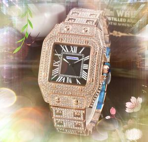 Iced Out Hiphop vrouw man koppel Horloges diamanten ringkast klok Drie pinnen Ontwerp Vierkant Romeinse tankwijzerplaat Quartz uurwerk Automatisch Datumketting Armband Horloge Geschenken