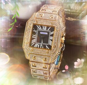 Iced Out Hip Hop vrouw man koppel Horloges diamanten ringkast klok Alle misdaad Super Square Roman Tank Dial Quartz uurwerk Automatisch Datumketting Armband Horloge Geschenken