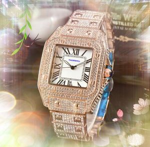 Iced Out Hip Hop vrouw man koppel Horloges diamanten ringkast klok Montre De Luxe Vierkante Romeinse tankwijzerplaat Quartz uurwerk Automatisch Dag Datum Ketting Armband Horloge Geschenken