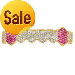 Iced Out Hiphop Body Jewelry Gold Silver Plated Micro Pave Pink Diamond Dientes Grills Colmillos Dientes de una sola fila Gold Grillz