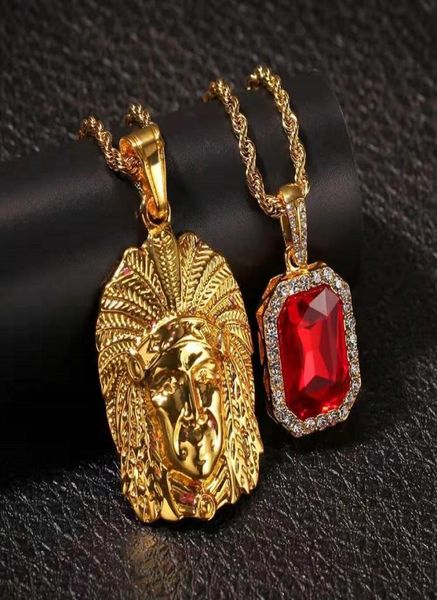 helado jefe indio gema roja colgante collar conjunto de joyas hombres diseñador de lujo piedras preciosas para hombre bling colgantes de diamantes 24 30 pulgadas 3m4204662