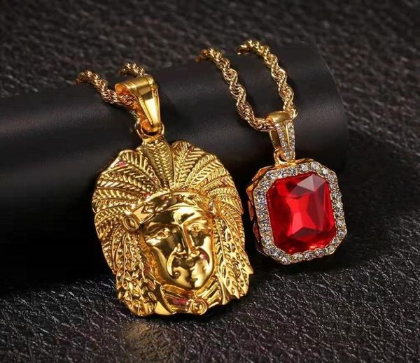 helado jefe indio gema roja colgante collar conjunto de joyas hombres diseñador de lujo piedras preciosas para hombre bling colgantes de diamantes 24 30 pulgadas 3m4297017
