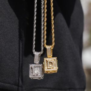 Collier avec lettre initiale glacée pour hommes, pendentif en or et argent, Cube dés, Hip Hop, bijoux Hip Hop, 182S