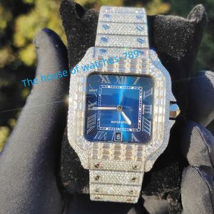 Montre de luxe en acier inoxydable, bijoux glacés, diamant, cadran bleu, VVS Moissanite, nouveauté 2024