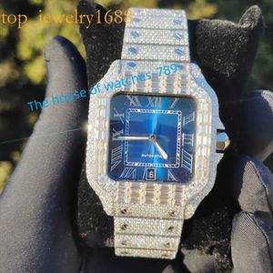 Iced out sieraden roestvrijstalen bustdown diamantblauw gezicht vvs moissanite horloge