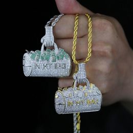 Iced Out Lady Bag Hanger met touw ketting verharde wit groene kubieke zirkoon gegraveerd IN MY BAG Brief hangers voor vrouwen Men2828